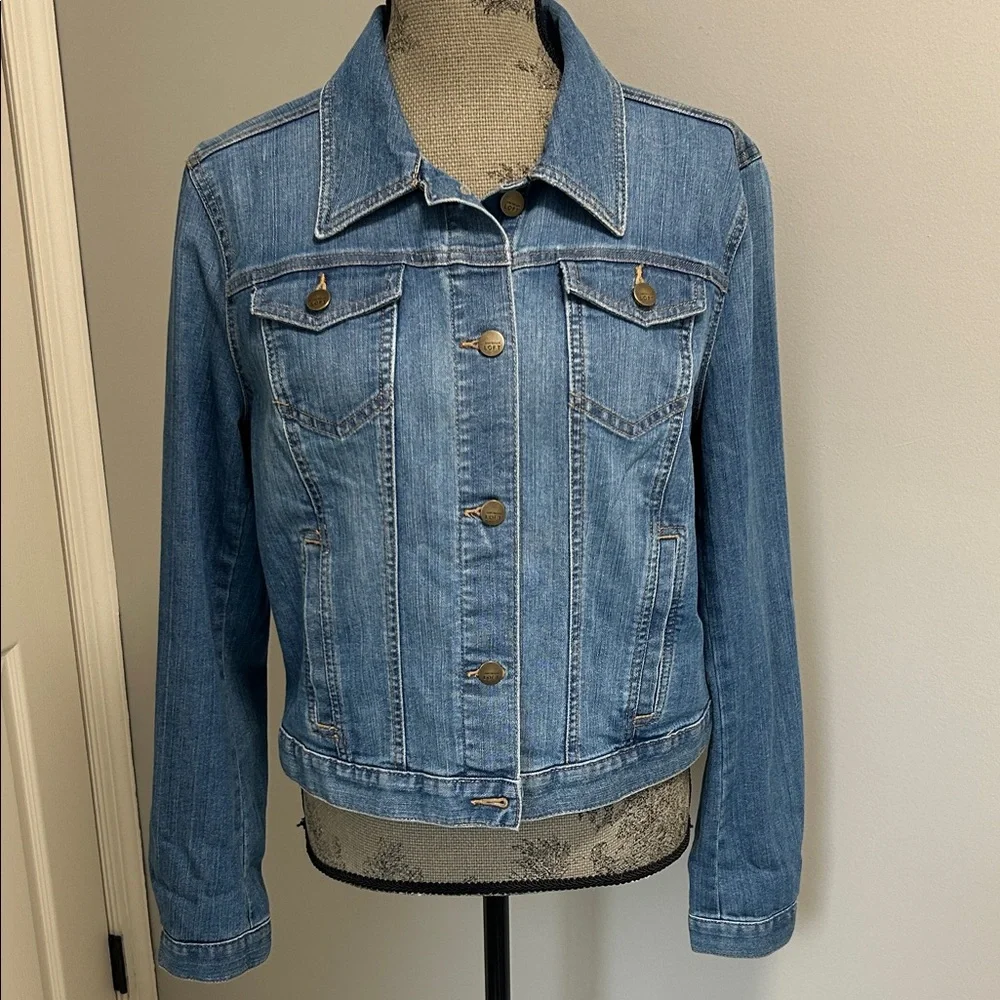 Ann Taylor LOFT Classic Blue Denim LS Flap Pocket Button Front Jacket Sz Large - Picture 2 of 8